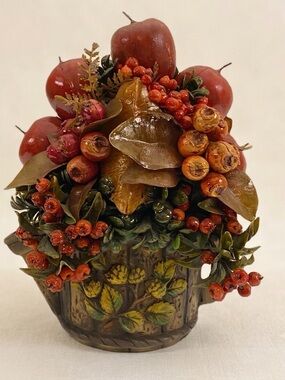 Vintage Fall Fruit Berry Arrangement Ceramic Watering Can Decor